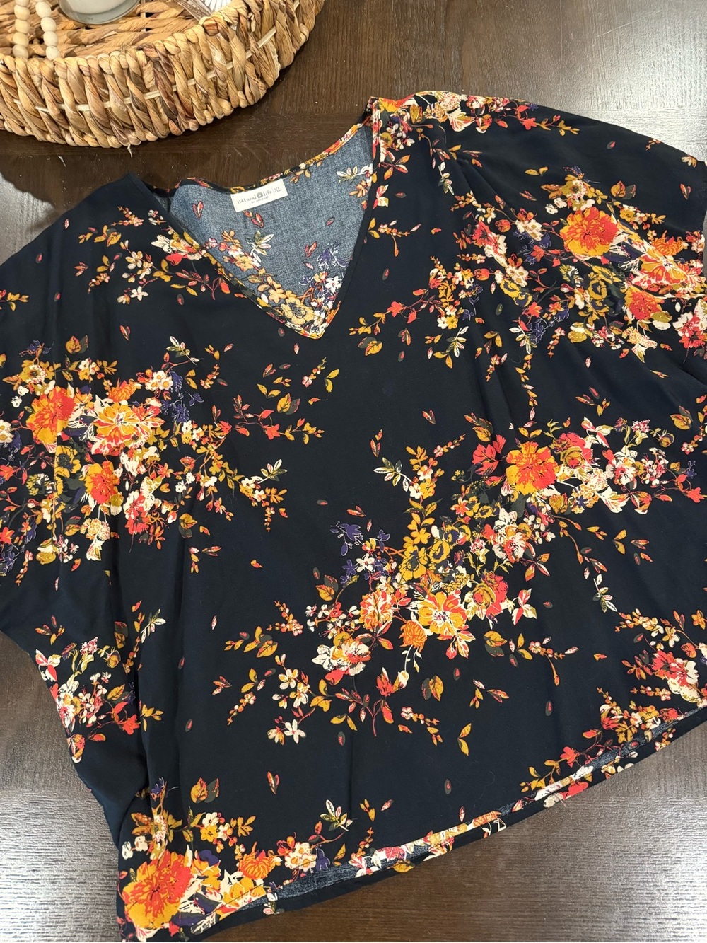 Floral V-Neck Women’s Top - Navy with Orange & Yellow Blooms
